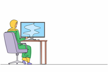 Poster - Single one line drawing back view Arab businesswoman works on computer. Woman sitting on chair behind office desk. Business person working on monitor screen. Continuous line draw design graphic vector