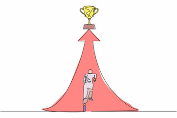 Poster - Continuous one line drawing reach for trophy. Arabian businesswoman runs to target. Female working for goal, success, development, ability, victory, motivation. Single line draw design vector graphic
