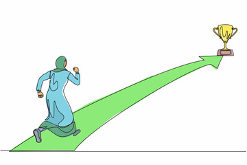 Poster - Single one line drawing Arabic businesswoman running on forward arrow to get trophy. People ready to start career and business. Manager running towards goal. Continuous line draw design vector graphic
