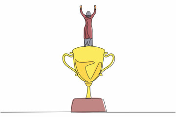 Poster - Single one line drawing back view Arabian businesswoman stand above trophy. Business metaphor of success and appreciation. Female celebrating her business award. Continuous line design graphic vector
