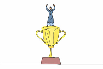 Poster - Continuous one line drawing Arab businesswoman raised hands and standing above trophy. Female celebrating her business award. Business metaphor of success, appreciation. Single line draw design vector