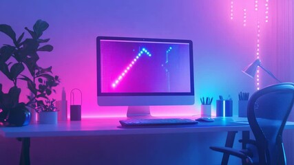 Poster - Modern workspace setup with neon lighting and digital display for creative professionals