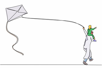 Poster - Single one line drawing back view happy Arabian father carrying daughter on shoulders run with kite. Father and child daughter spending free time together. Continuous line draw design graphic vector