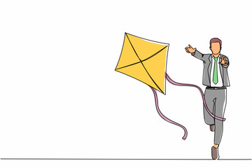 Poster - Single continuous line drawing active businessman runs with flying kite. Race for opportunities, catch dream metaphor, run business project. Dynamic one line draw graphic design vector illustration
