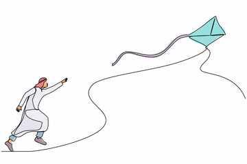 Poster - Single continuous line drawing Arabian businessman runs with a flying kite. Race for opportunities, catch a dream metaphor, run the project. Dynamic one line draw graphic design vector illustration