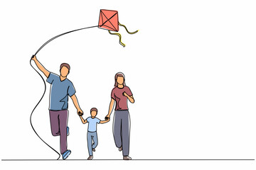 Poster - Single continuous line drawing family weekend with parents and child walking in the park. Fun family running, rest at nature on vacation. Dad, mom, and boy launches kite. One line draw design vector