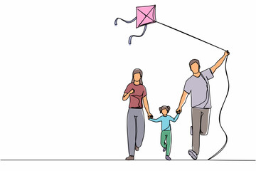 Poster - Continuous one line drawing family weekend with parents and child walking in park. Fun family running, rest at nature on vacation. Dad, mom, and daughter launches kite. Single line draw design vector