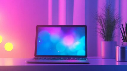 Poster - Modern laptop displaying vibrant bokeh lights with neon illuminated workspace ambiance