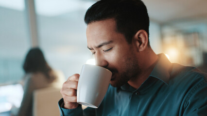 Poster - Night, business and man in office, drinking coffee and copywriting with deadline for article. Person, evening and journalist in workplace, cappuccino and caffeine for low energy, tea and creativity