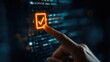 © Dev - A finger touches a glowing orange checkmark superimposed on a screen displaying lines of computer code, signifying successful completion or verification of a process