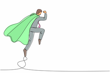 Poster - Single one line drawing superhero businessman parry blow. Man in superman costume and mantle standing after fight. Victory, winner concept. Modern continuous line design graphic vector illustration