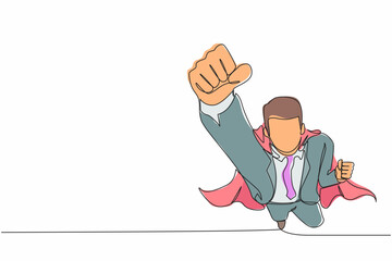 Poster - Single continuous line drawing superhero businessman wearing cape. Manager leader flying up with stretched arm clenched fist. Super businessman fly forward. One line draw design vector illustration