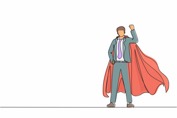 Poster - Single continuous line drawing superhero strong showing muscle. Superhero officer in action. Businessman character superhero. Office employees. Dynamic one line draw graphic design vector illustration
