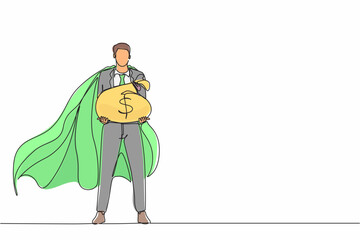 Poster - Single continuous line drawing gigantic profits of financial success. Super businessman hero with a bag of money. Business metaphor concept. Dynamic one line draw graphic design vector illustration