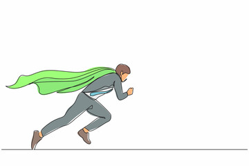 Poster - Continuous one line drawing super businessman running fast. Business superhero rushing on duty, business concept goal, achievement, and success. Single line draw design vector graphic illustration