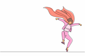 Poster - Single continuous line drawing female businesswoman superhero in cloak. Successful superhero landing from the sky. Leadership, challenge goal achievement. Dynamic one line draw graphic design vector