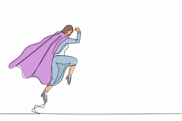 Poster - Continuous one line drawing superhero businesswoman parry blow. Female in superwoman costume and mantle standing after fight. Victory, winner concept. Single line design vector graphic illustration