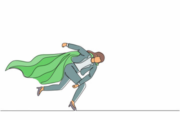 Poster - Single one line drawing superhero businesswoman punching breaking through problem. Elimination obstacles. Motivation to win, reliable leadership. Continuous line design graphic vector illustration