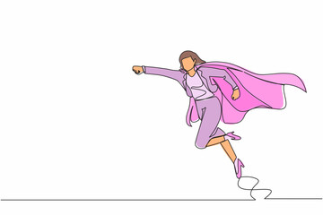 Poster - Single one line drawing super businesswoman punches pose, employee superhero flying, business concept power, success and overcome difficulties. Continuous line draw design graphic vector illustration