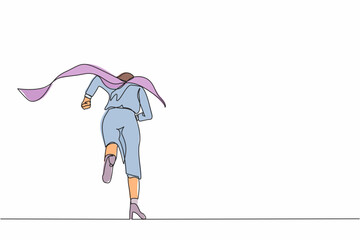 Poster - Single one line drawing back view businesswoman superhero running to office. Powerful businesswoman enthusiastic with ideas, innovation. Modern continuous line draw design graphic vector illustration
