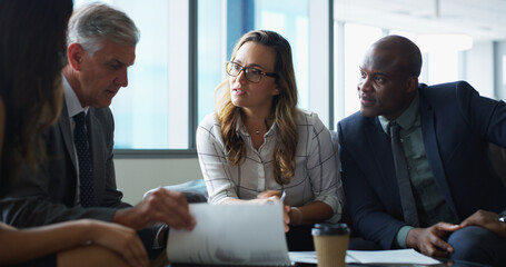 Aufkleber - Documents, meeting and business people in office, communication or feedback for budget report. Group, accounting or employees in workplace, discussion and advice for investment and review proposal