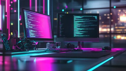 Fototapete - Modern coding workspace featuring vibrant neon lighting and dual monitor setup at night