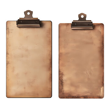 Two aged clipboards with metal clips  offering space for text and design isolated on transparent background
