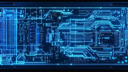 Fototapete - Intricate Blue Circuit Board Animation Showcasing Technology and Electronic Components