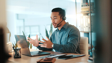 Aufkleber - Businessman, consultant and laptop with headset for communication or online advice at office desk. Man, employee or agent talking on computer with explanation for virtual assistance at workplace