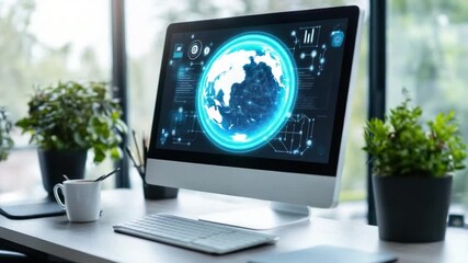 Poster - Digital Workspace: A modern workstation showcases a luminous globe icon on a sleek computer screen, complemented by office essentials, symbolizing global connectivity and innovation.