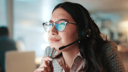Aufkleber - Headset, reading and thinking with woman in call center for assistance, help or support at night. Communication, computer and problem solving with person at office for customer service in evening