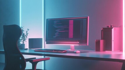 Poster - Modern workspace with computer, keyboard, and neon lights creating a tech environment
