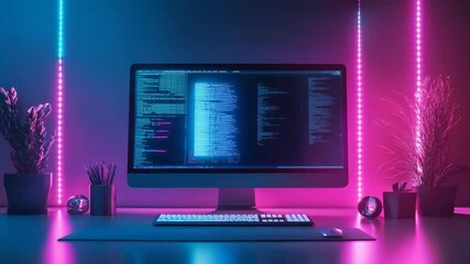 Fototapete - Modern Software Development Workspace with Neon Lights and Coding Display on Screen