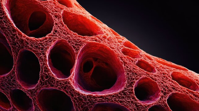 Close-up view of a porous, red organic structure.