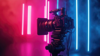 Poster - A professional camera on a tripod with colorful neon lights in the background. The scene is illuminated with pink and blue hues, creating a vibrant atmosphere.