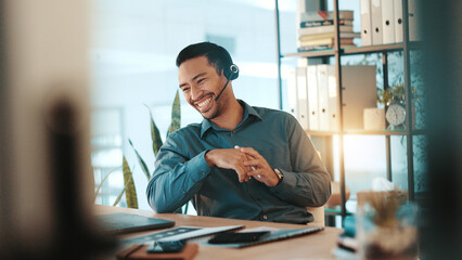 Aufkleber - Happy businessman, consultant and laptop with headset for communication or online advice at office. Man, employee or friendly agent talking on computer with smile for virtual assistance at workplace