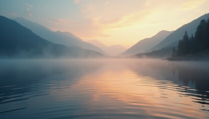 Poster - Serene sunrise over tranquil mountain lake with misty reflections