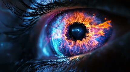 Poster - Close-up of eye with cosmic fiery effects at night