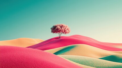 Poster - Solitary tree in surreal colorful landscape on sunny day