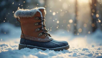 Poster - Winter boot resting in serene snowy forest during daytime