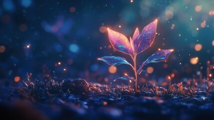 Poster - Glowing plant growing in serene night nature setting