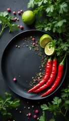 Poster - Vibrant arrangement of chili peppers, limes, and herbs indoors