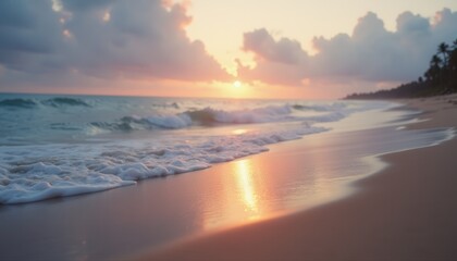 Poster - Serene ocean waves lapping on tropical beach at sunset
