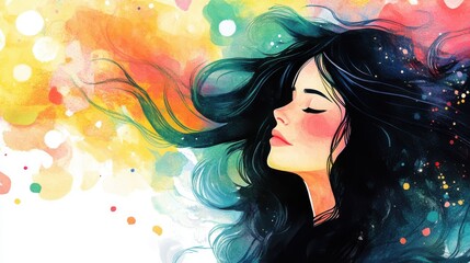 Aufkleber - Serene young woman with long dark hair in abstract watercolor
