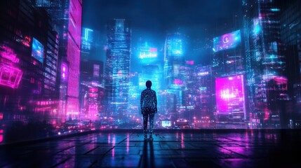 Aufkleber - Young Asian woman observing futuristic cityscape at night
