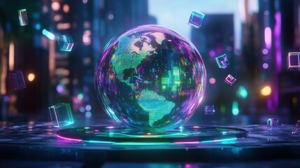 Poster - Futuristic globe with glowing cubes floating in vibrant city at night