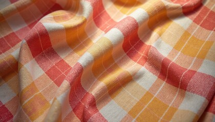 Poster - Close-up of warm orange, red, and white plaid fabric texture