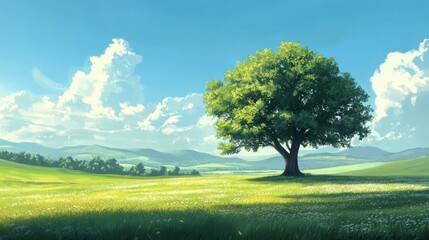 Poster - Solitary tree in a field of wildflowers under a clear sky