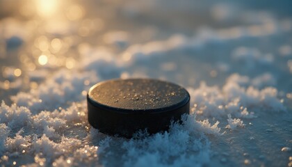 Aufkleber - Hockey puck resting on ice during serene winter day