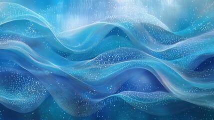 Poster - Abstract blue wavy lines with light particles in digital artwork